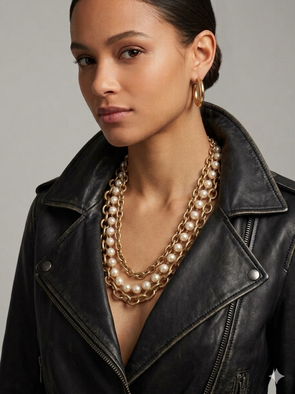 Vintage 90s Runway Gold and Pearl 3-Chain Layered Statement Necklace